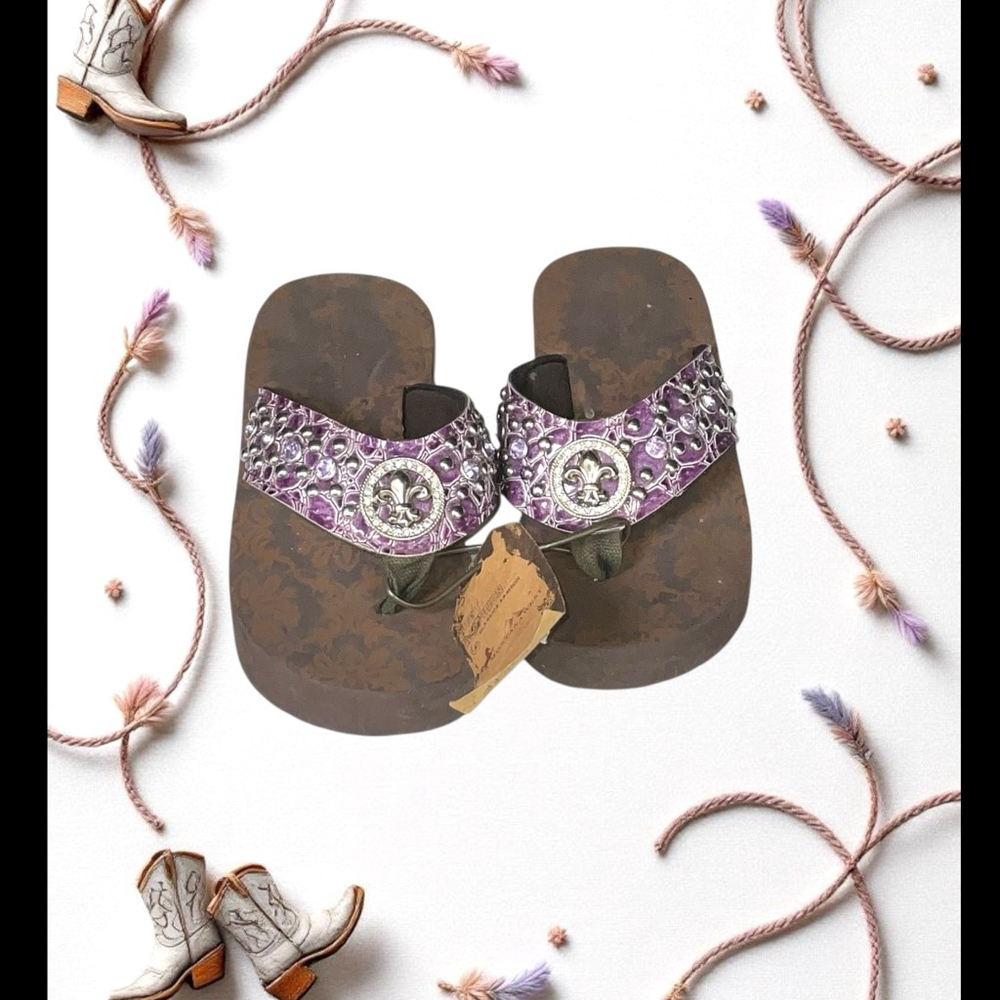 Montana West NEW Brown w Silver & Purple Western Platform Flip Flops Girls Small